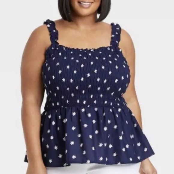 Ava & Viv Women's Plus Size Navy Daisy Smocked Peplum Tank Top Size 2X - Picture 1 of 7